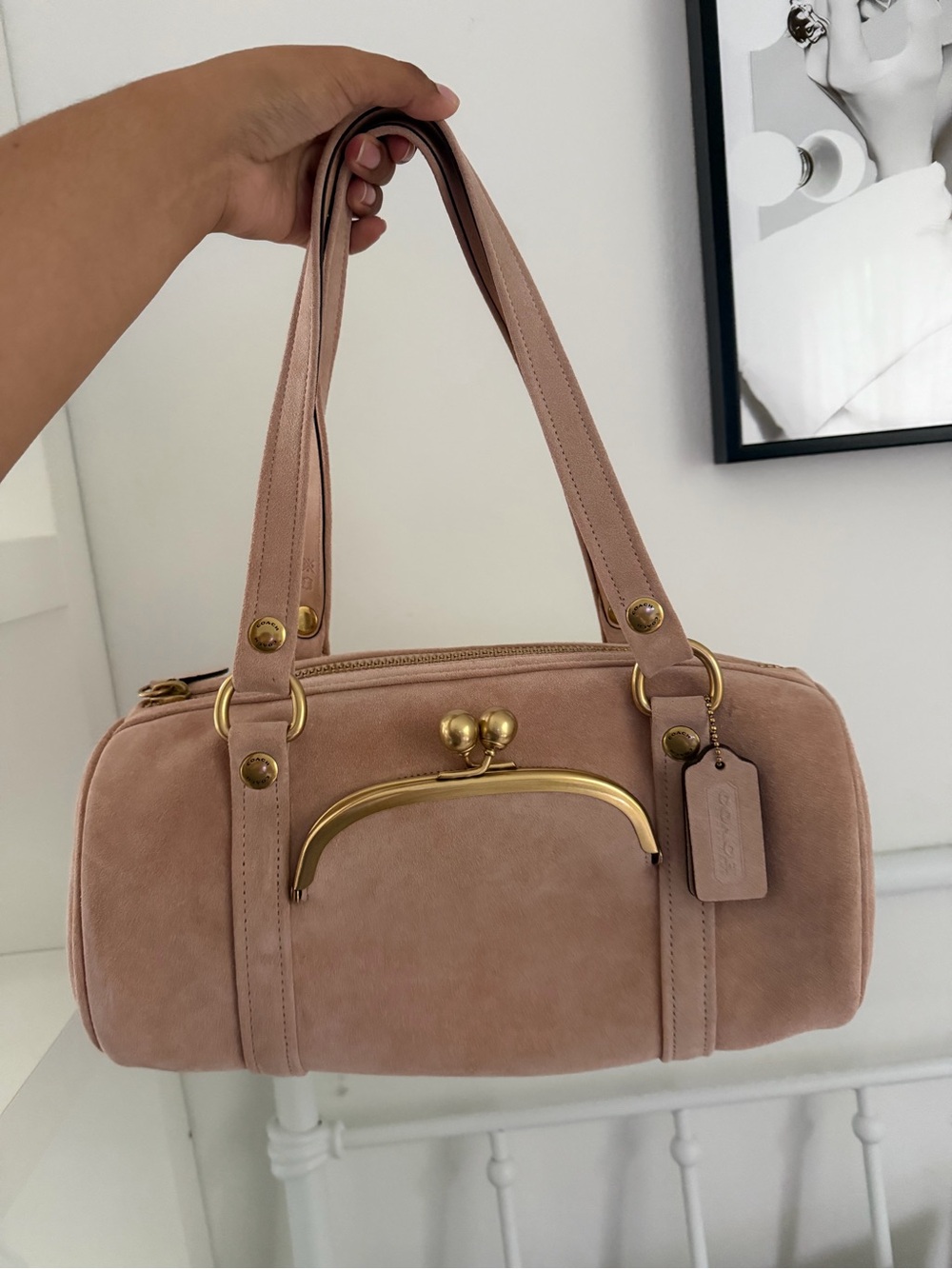 Coach brass/nuage pink suede kisslock barrel bag